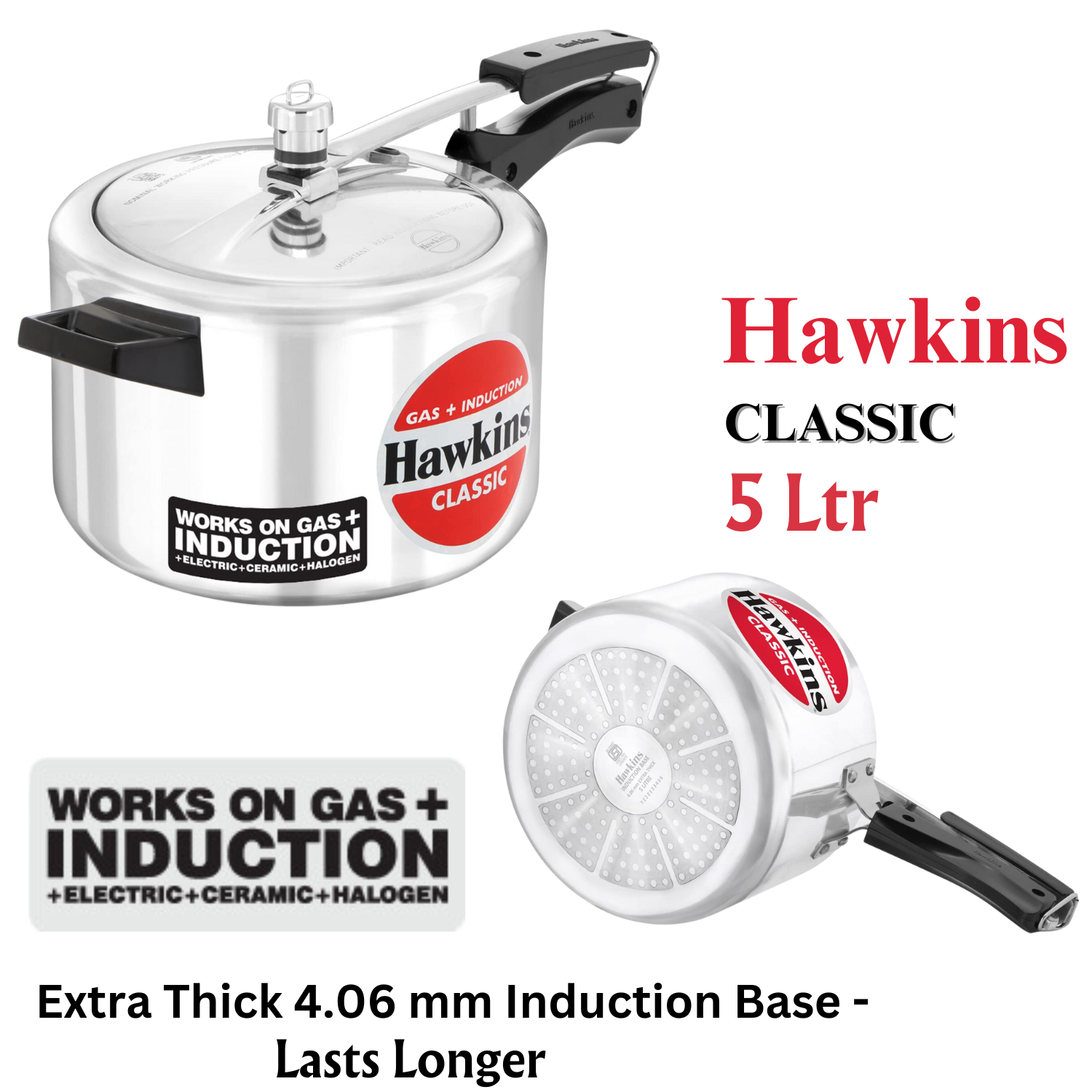 Hawkins Classic Aluminum Pressure Cooker, 5 L, Silver