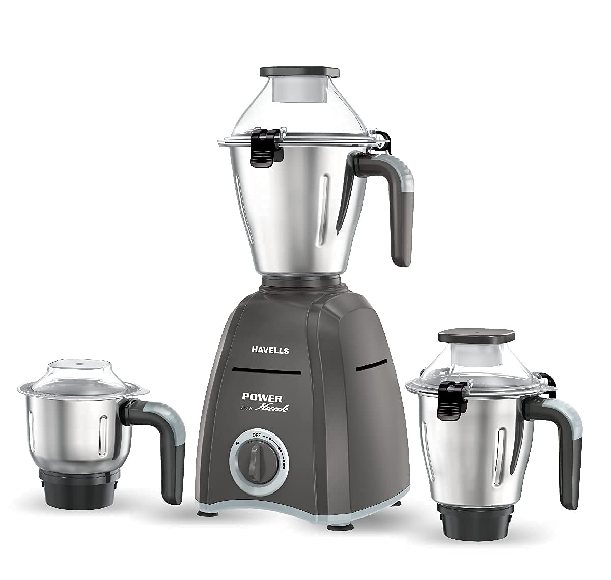 Havells Power Hunk 800 watt Mixer Grinder with 3 Wider mouth Stainless Steel Jar Hands Free operation SS 304 Grade Blade 5 year motor warranty Grey Surana Sons