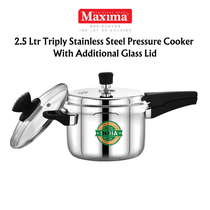 Maxima Triply Stainless Steel Outer Lid Sumo Sumo Plus Pressure Cooker Induction Friendly 2.5 Ltr 2 Lids