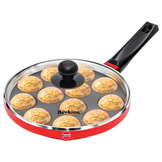 Hawkins Non Stick Appe Pan, Paniyarakkal  Pan, Litti Pan with Glass Lid, 12 Cups - Premium Non Stick Appam Patra with Glaas lid from Hawkins - Just Rs. 1222! Shop now at Surana Sons