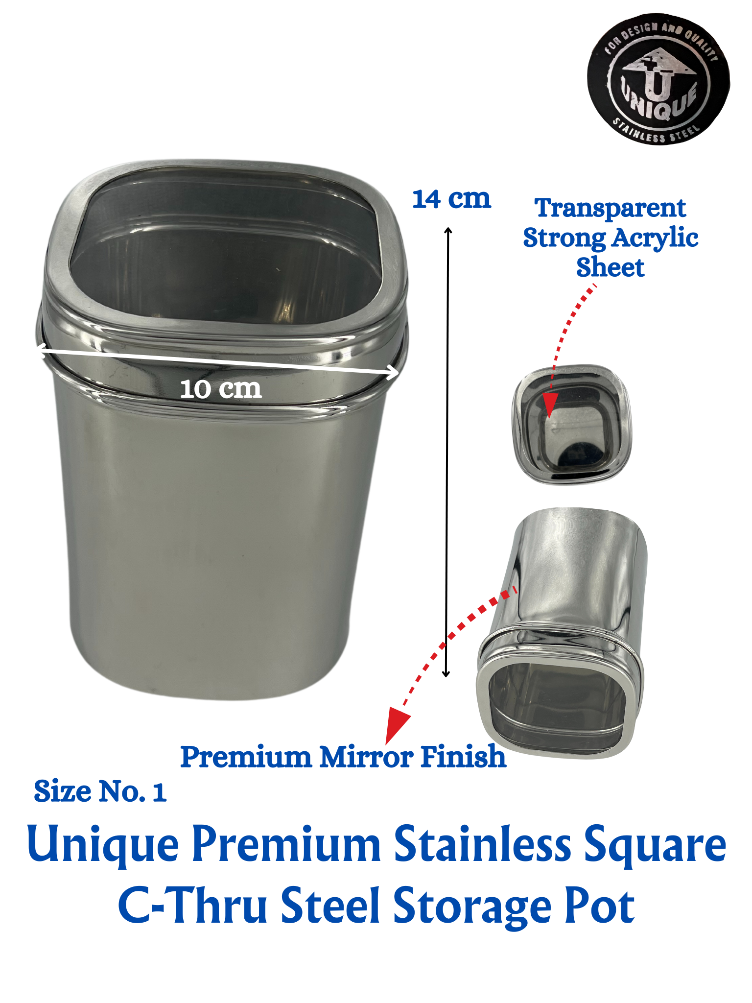 Unique Premium Stainless Square Steel Pot | Storage Container | See Thru | Mirror Polish | Kitchen Items Food Storage - Premium SS Water Jugs Containers Storage from Unique - Just Rs. 965! Shop now at Surana Sons