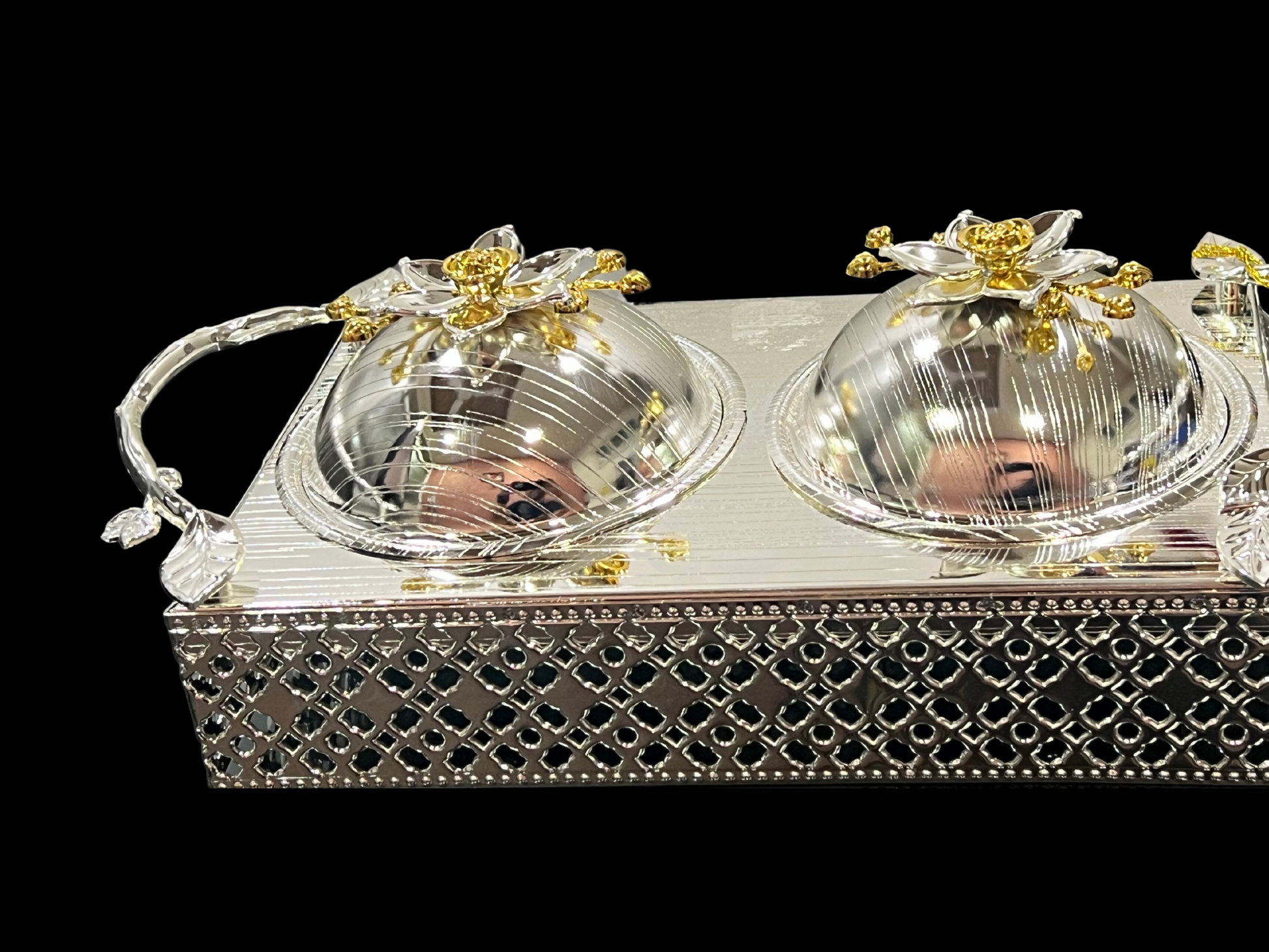 Hiluxe Silver Plated Premium, Exquisite Dry Fruit Set | Rectangular | 2 Bowls+Designer Dome Lid | With Tray | Use in Party | Special Occasions | Gifting - Premium Dry Fruit Set from Hiluxe - Just Rs. 2999! Shop now at Surana Sons