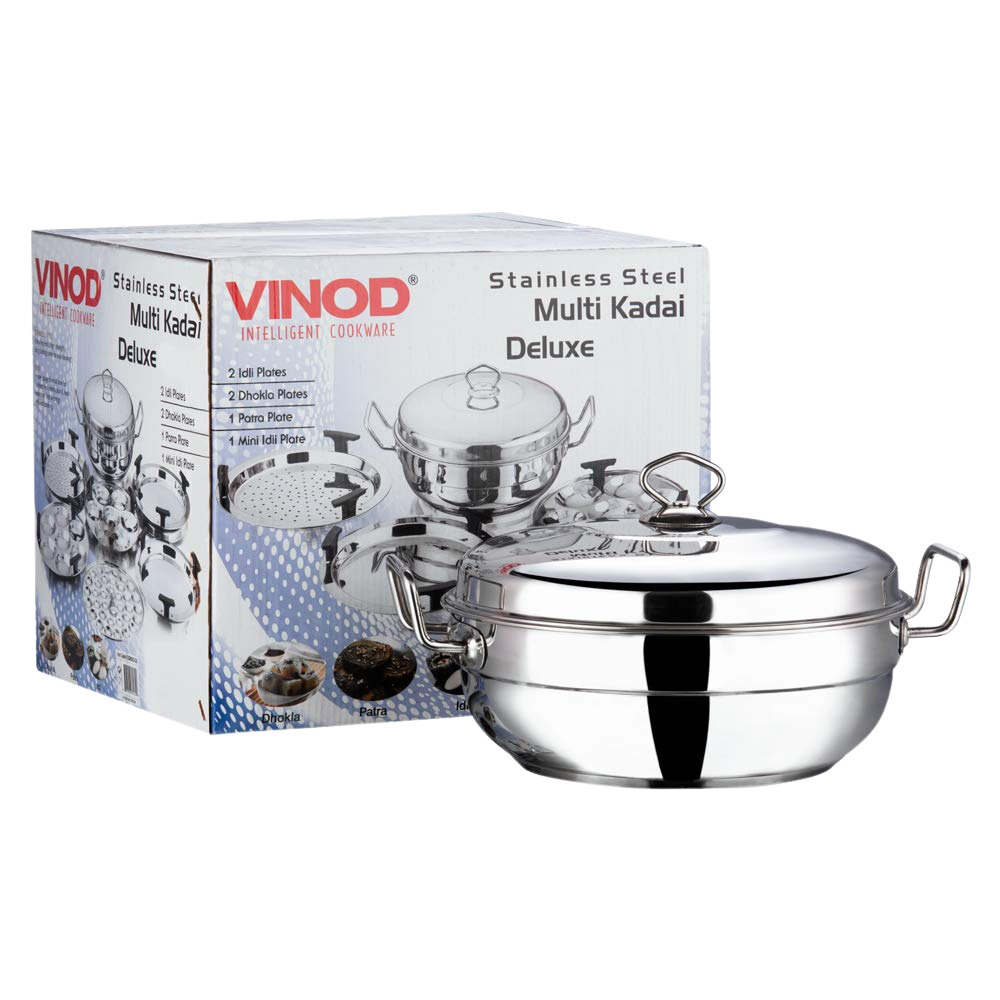 Vinod Stainless Steel 7 pcs Deluxe Multi Kadai (Induction Friendly) with Stainless Steel lid, 2 idli Plates, 2 dhokla Plates, 1 patra Plate and 1 Mini idli Plate - Premium multikadhai from vinod - Just Rs. 2699! Shop now at Surana Sons