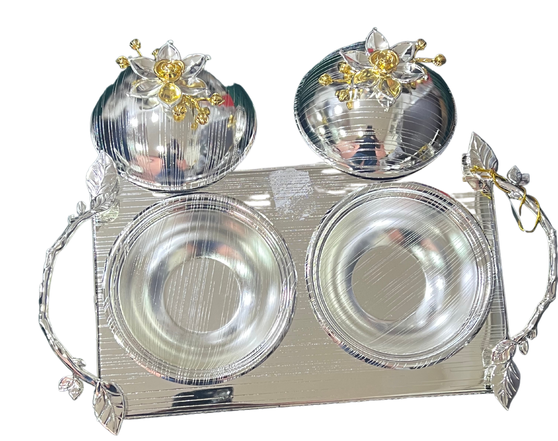 Hiluxe Silver Plated Premium, Exquisite Dry Fruit Set | Rectangular | 2 Bowls+Designer Dome Lid | With Tray | Use in Party | Special Occasions | Gifting - Premium Dry Fruit Set from Hiluxe - Just Rs. 2768! Shop now at Surana Sons