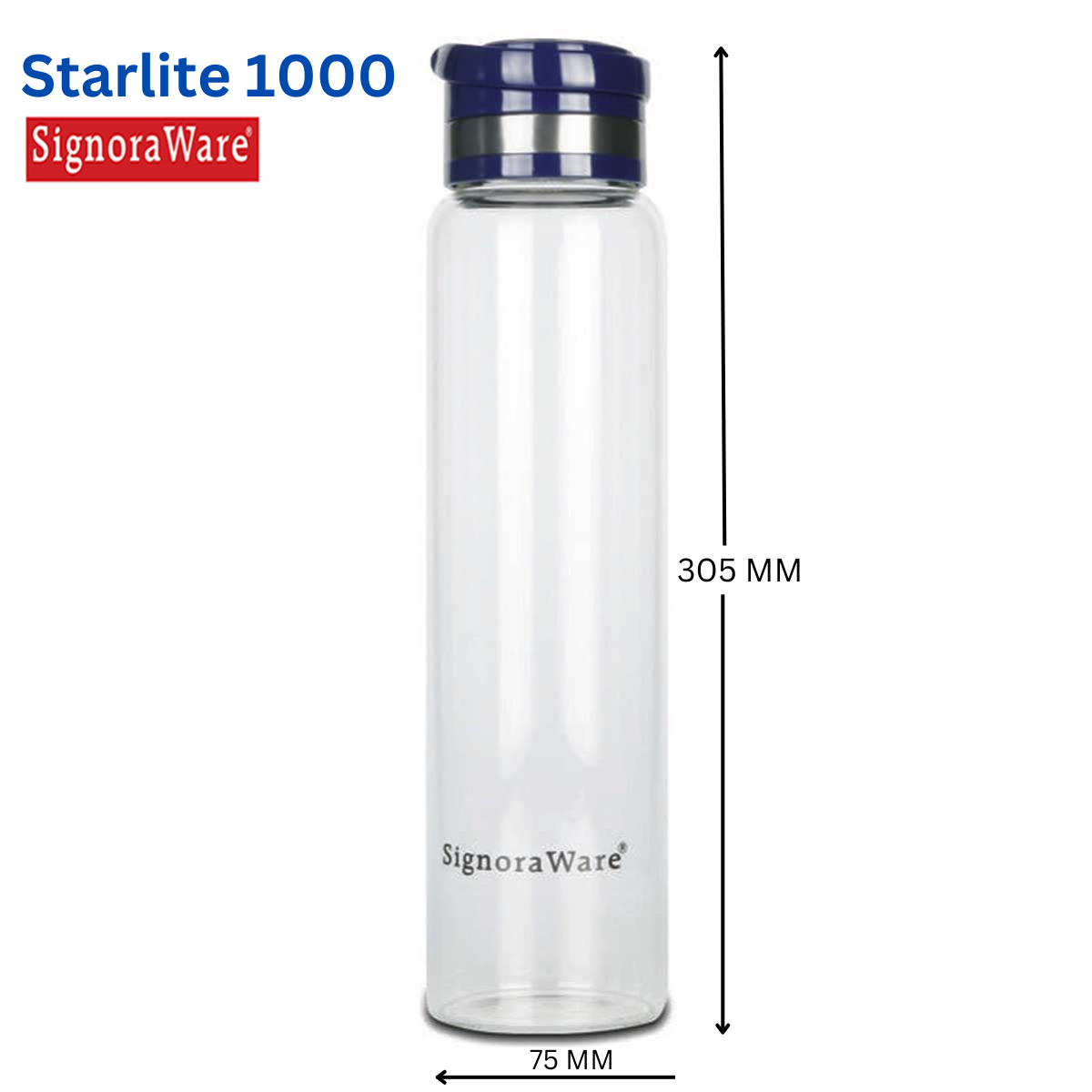 SignoraWare Starlite Borosilicate Light Weight Glass Water Bottle with Screw Cap (With Holding Ring) | Leak Proof Transparent (1 Ltr, Set of 1, Clear) - Premium Glass Bottle from Signoraware - Just Rs. 399! Shop now at Surana Sons
