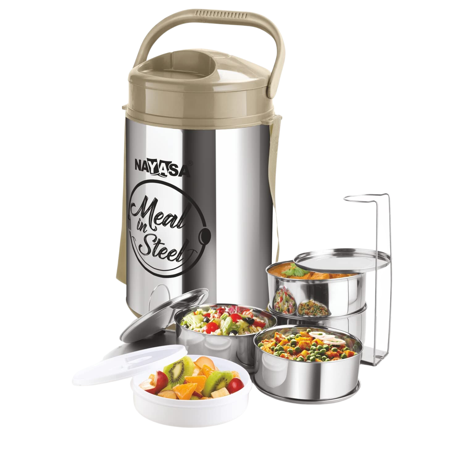 Nayasa Zeal Steel-14, Individual 4 Inner Steel Containers, 1 Salad Container With Lifter, Handle, Easy To Lift, Shoulder Belt, Outer P.U Insulated Body, Airtight Lids - Premium Hot Tiffin from Nayasa - Just Rs. 1499! Shop now at Surana Sons