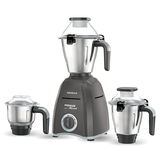 Havells Power Hunk 800 watt Mixer Grinder with 3 Wider mouth Stainless Steel Jar, Hands Free operation, SS-304 Grade Blade & 5 year motor warranty (Grey) - Premium Mixer Grinder from Havells - Just Rs. 4895! Shop now at Surana Sons