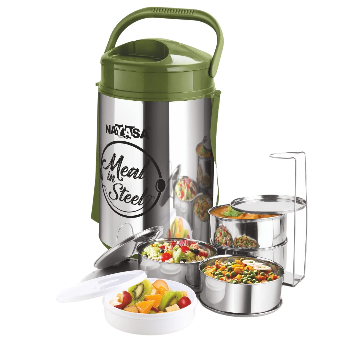 Nayasa Zeal Steel-14, Individual 4 Inner Steel Containers, 1 Salad Container With Lifter, Handle, Easy To Lift, Shoulder Belt, Outer P.U Insulated Body, Airtight Lids - Premium Hot Tiffin from Nayasa - Just Rs. 1499! Shop now at Surana Sons