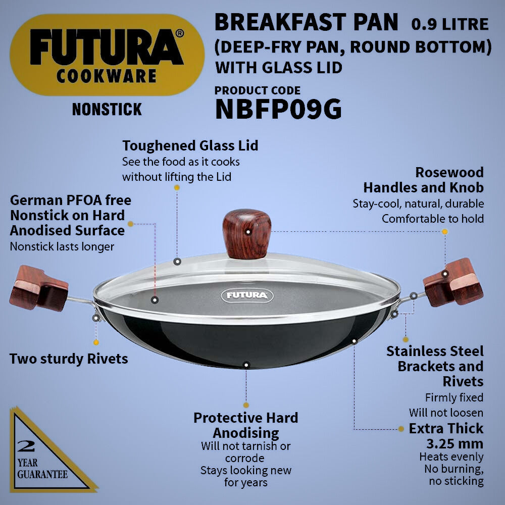 Hawkins FUTURA 0.9 Litre Nonstick Breakfast Pan with Glass Lid, Appachatty, Black (NBFP09G) - Premium Nonstick pan kadhai from Hawkins Futura - Just Rs. 1071! Shop now at Surana Sons