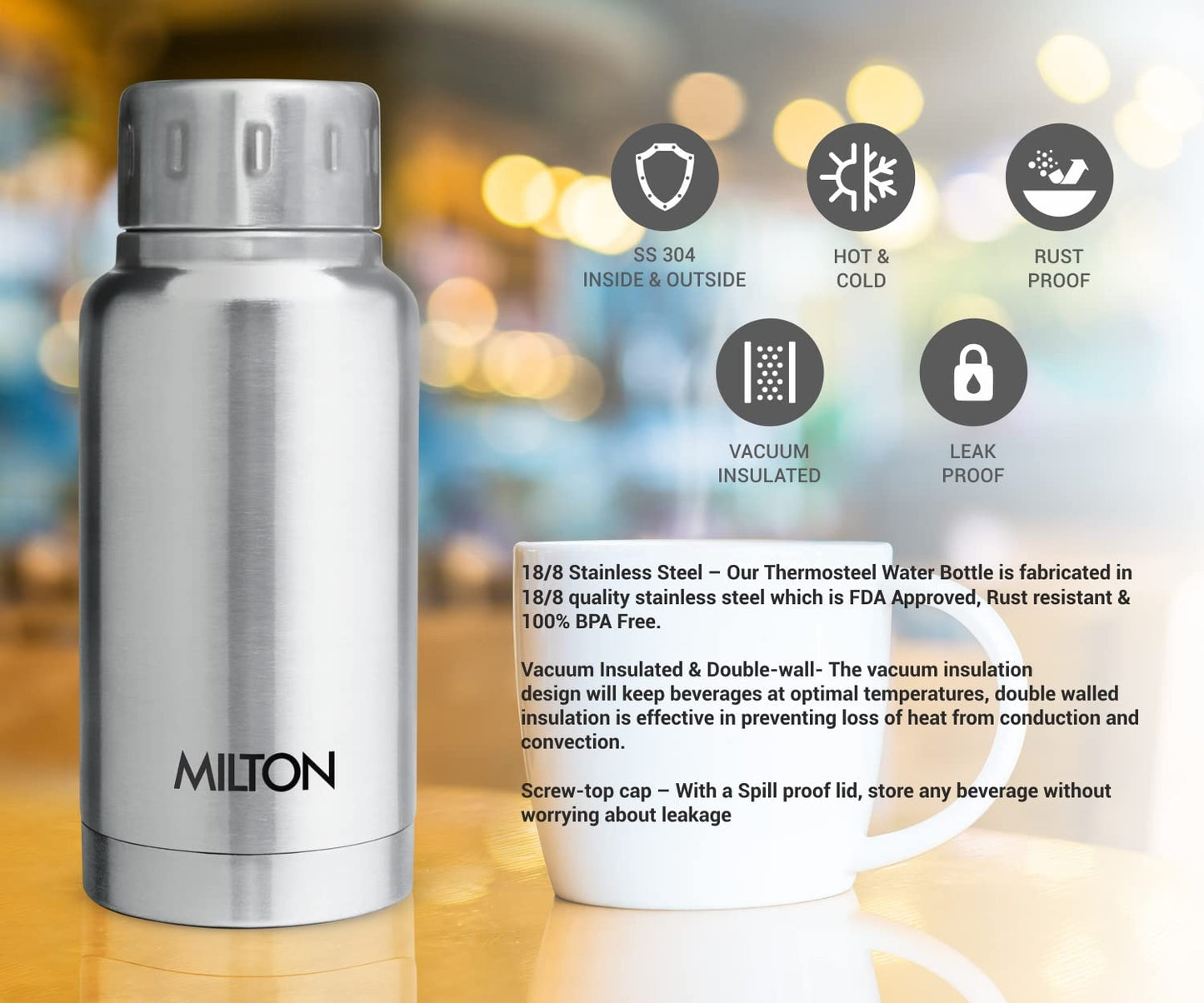 Milton Elfin Thermosteel 24 Hours Hot and Cold Water Bottle, Thermos, Silver | Leak Proof | Easy to Carry | Office Bottle | Hiking | Trekking | Travel Bottle | Gym | Home | Kitchen Bottle - Premium Hot & Cold Steel Vacuum Bottles from Milton - Just Rs. 493! Shop now at Surana Sons