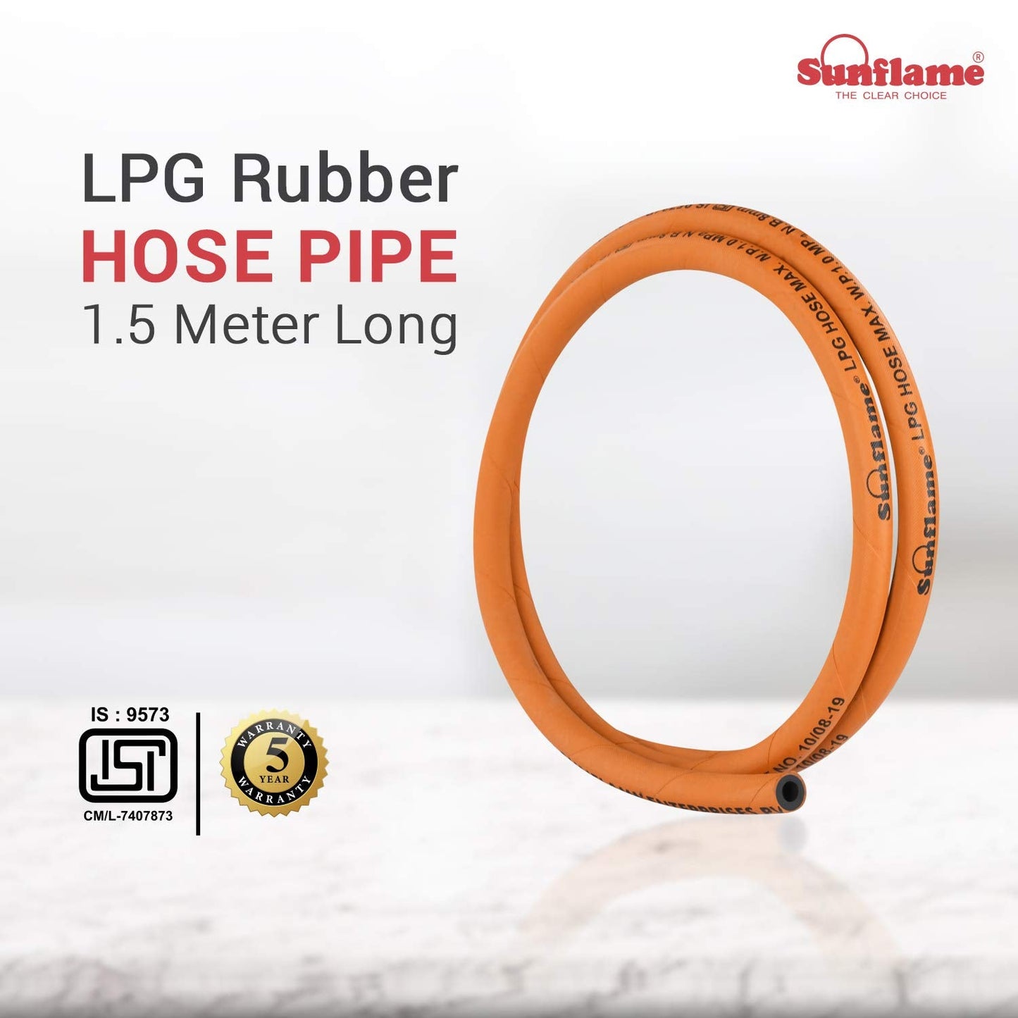 Sunflame 1.5 Mtr LPG Rubber Hose Pipe with Reinforced Steel Wire, ISI Certified (Orange) - Premium Gas Pipe from Sunflame - Just Rs. 199! Shop now at Surana Sons