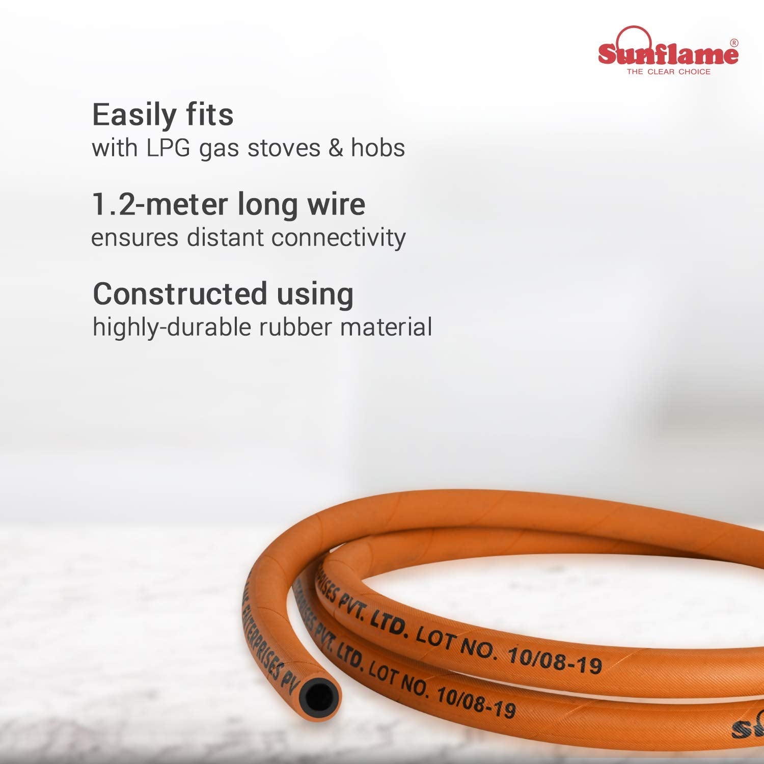 Sunflame 1.5 Mtr LPG Rubber Hose Pipe with Reinforced Steel Wire, ISI Certified (Orange) - Premium Gas Pipe from Sunflame - Just Rs. 199! Shop now at Surana Sons