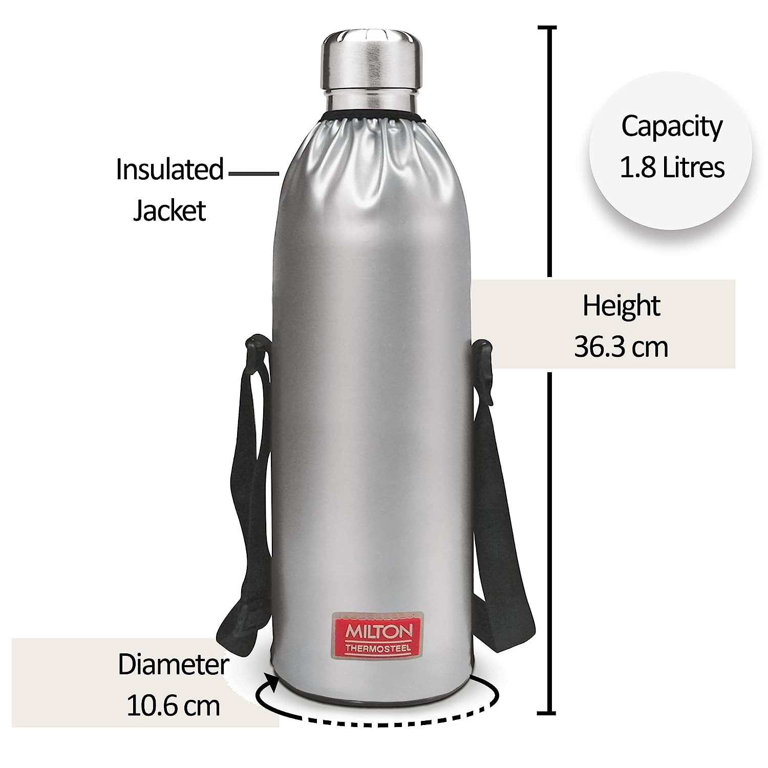 Milton Duo DLX 1800 Thermosteel 24 Hours Hot and Cold Water Bottle with  Bag, 1 Piece, 1.8 Liters, Silver | Leak Proof | Office Bottle | Gym | Home  