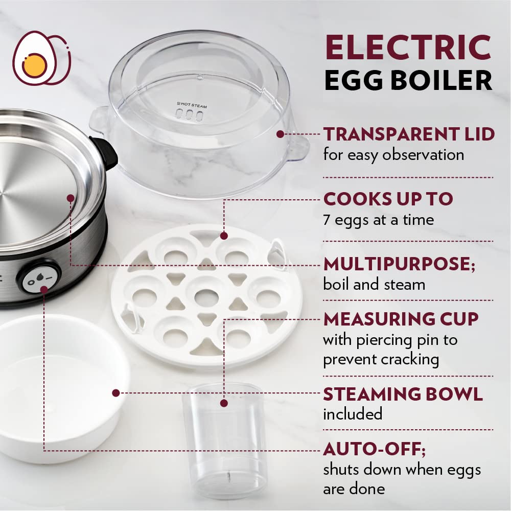 Borosil Electric Egg Boiler For Hard Soft Medium Boiled Eggs Steamed Vegetables Transparent Lid Stainless Steel Exterior