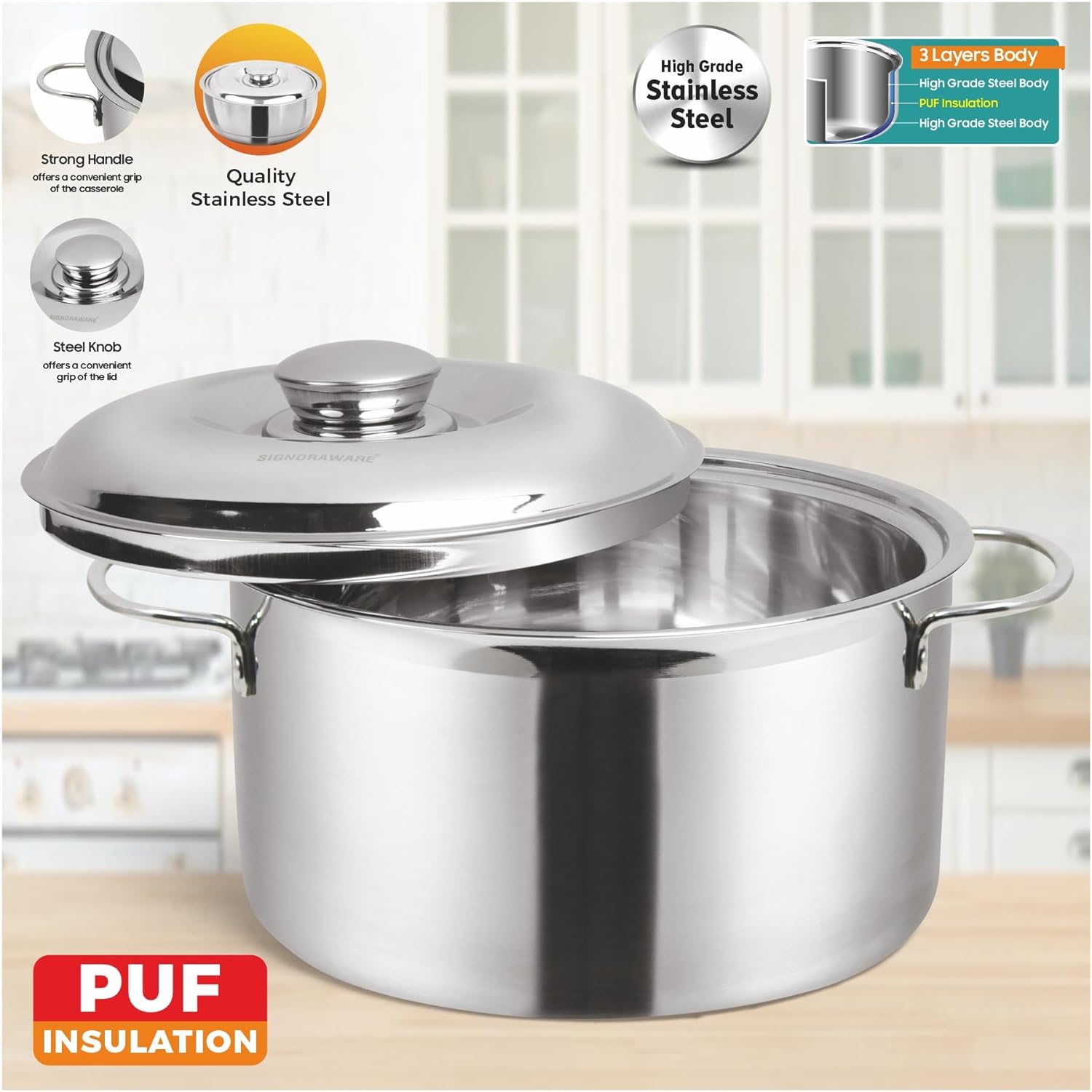 SignoraWare Hot Delight/Therma Double Wall Stainless Steel Belly Shape/Straight Wall Casserole | Mirror Polish - Premium SS Casserole from Signoraware - Just Rs. 576! Shop now at Surana Sons