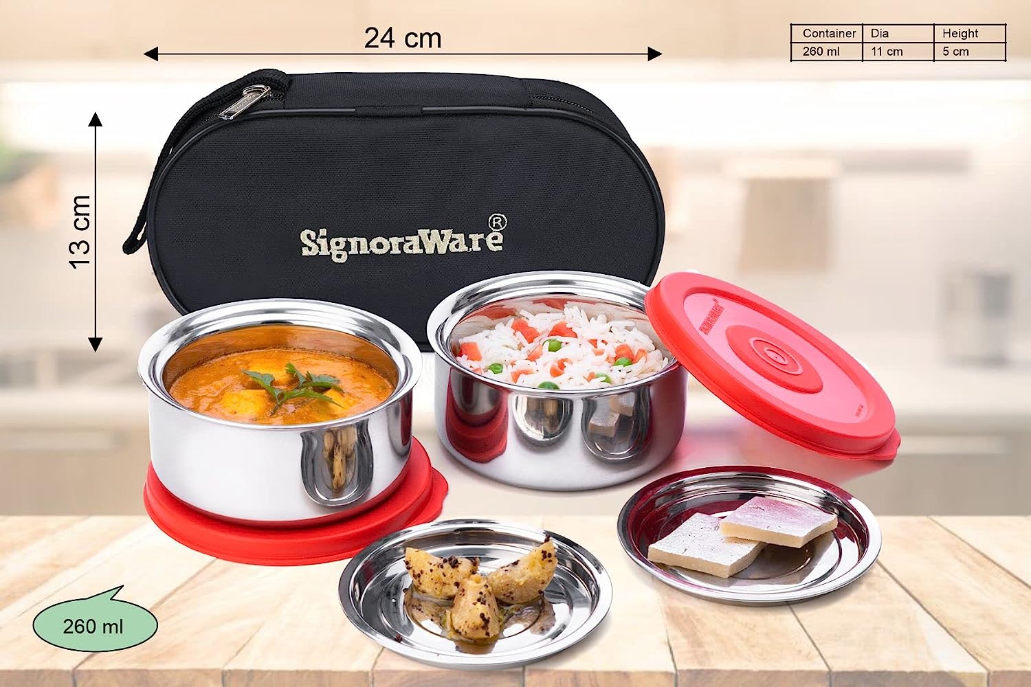 Signoraware Mid Day Double Wall/ Twin Wall (with 0.5 Mm Thickness) Both Steel layers Steel Lunch Box, Set of 2, 260 Ml+ 260 Ml, 2 Steel Cover Plates - Premium Hot Tiffin from Signoraware - Just Rs. 615! Shop now at Surana Sons