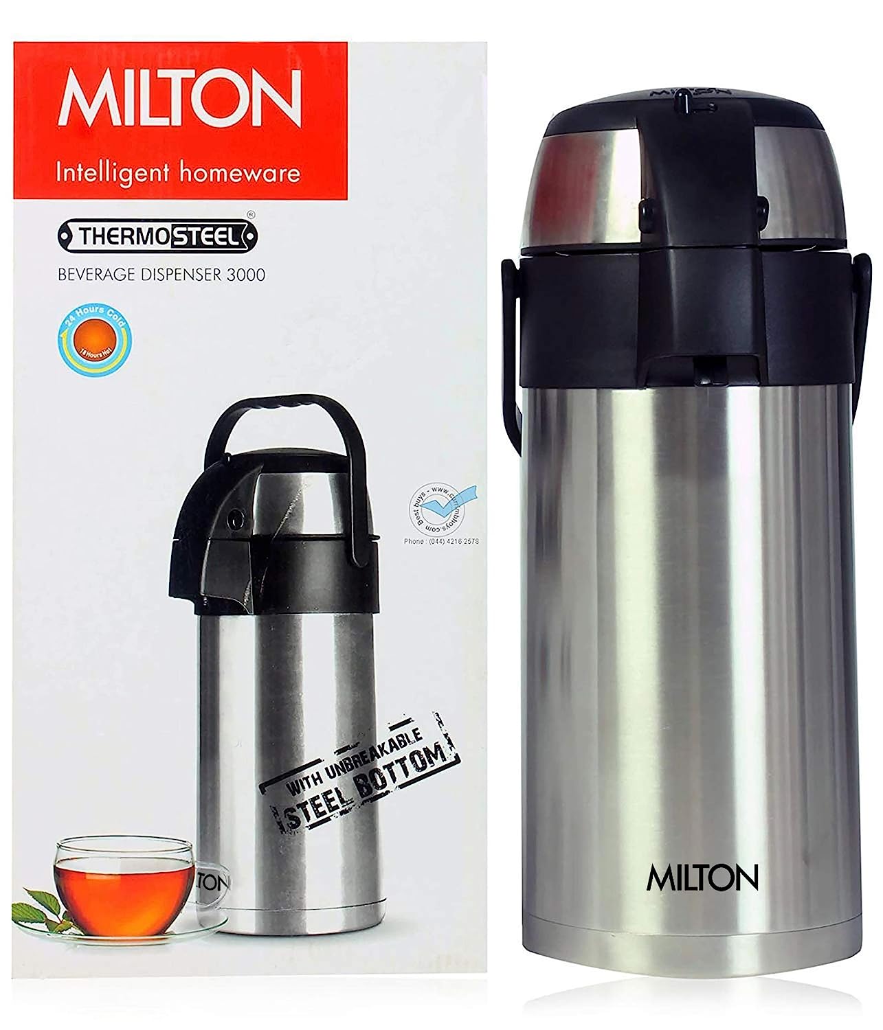 Milton Beverage Dispenser 3500 Stainless Steel for Serving Tea Coffee, 3500 ML Double Wall Vacuum Insulated 24 Hrs Heat & Cold Retention, 18/8 Steel, Easy Travel with Handle, Silver - Premium Thermos from Milton - Just Rs. 3154! Shop now at Surana Sons