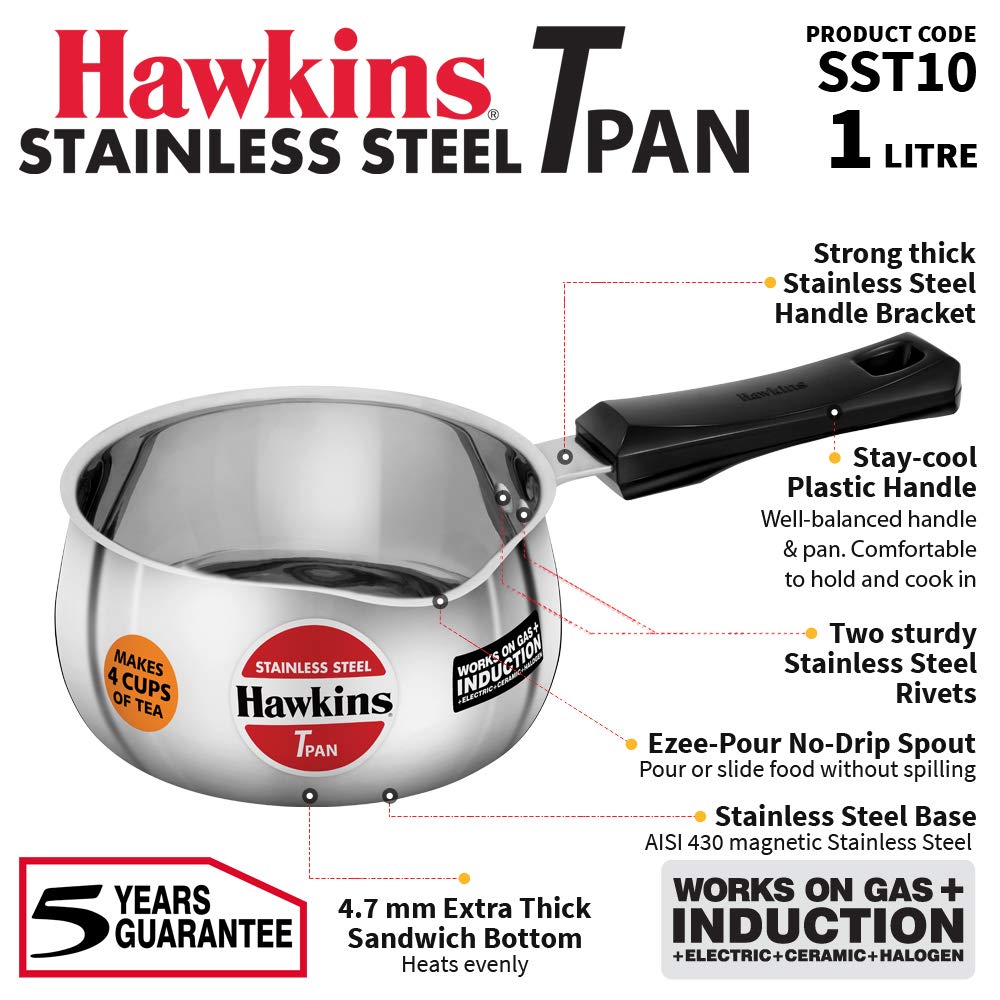 Hawkins 1 Litre Tpan, Stainless Steel Tea Pan, Induction Sauce Pan, Chai Pan, Small Pan, Silver (SST10) - Premium Sauce/Tea Pan from Hawkins - Just Rs. 833! Shop now at Surana Sons