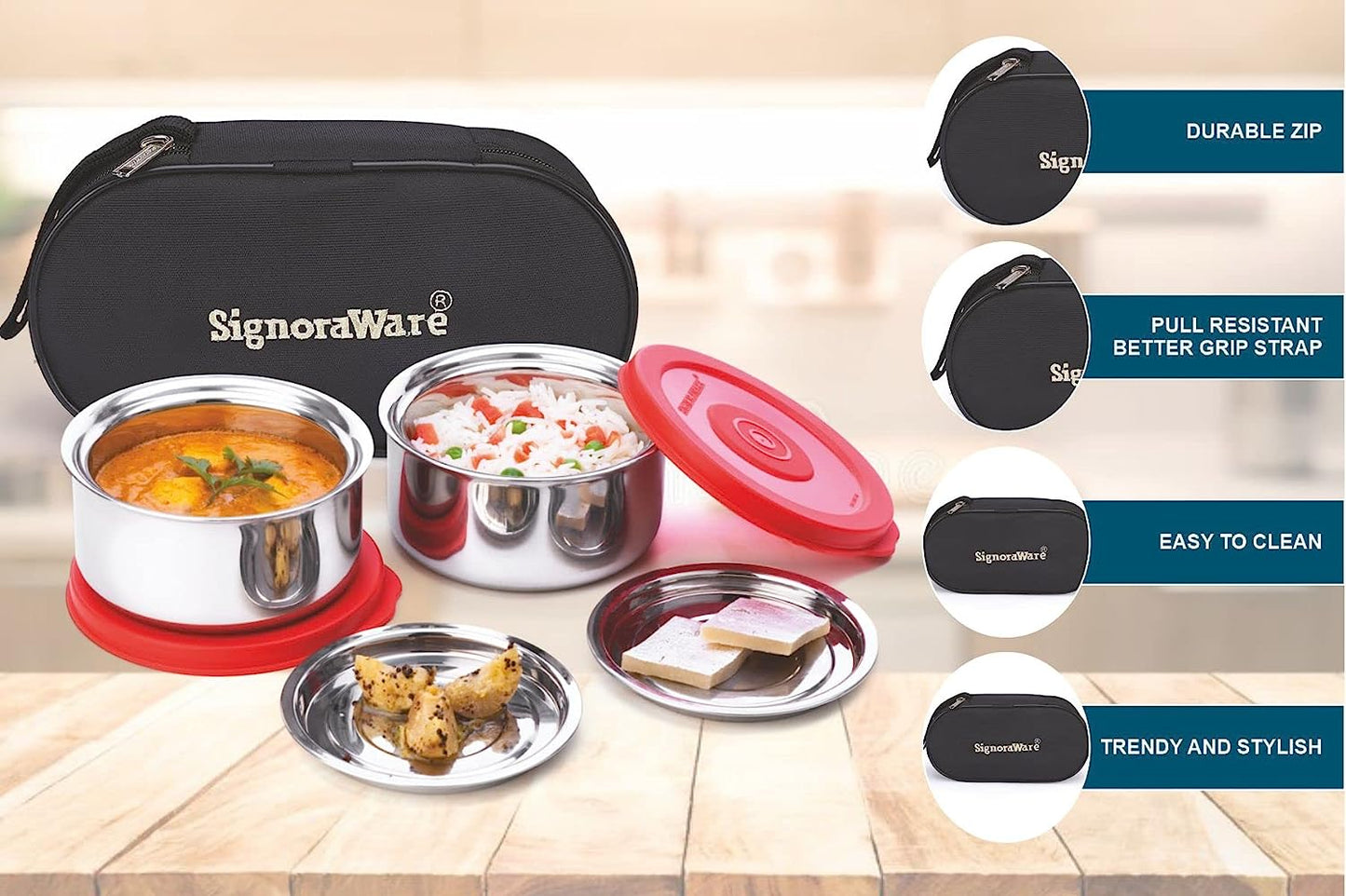 Signoraware Mid Day Double Wall/ Twin Wall (with 0.5 Mm Thickness) Both Steel layers Steel Lunch Box, Set of 2, 260 Ml+ 260 Ml, 2 Steel Cover Plates - Premium Hot Tiffin from Signoraware - Just Rs. 615! Shop now at Surana Sons