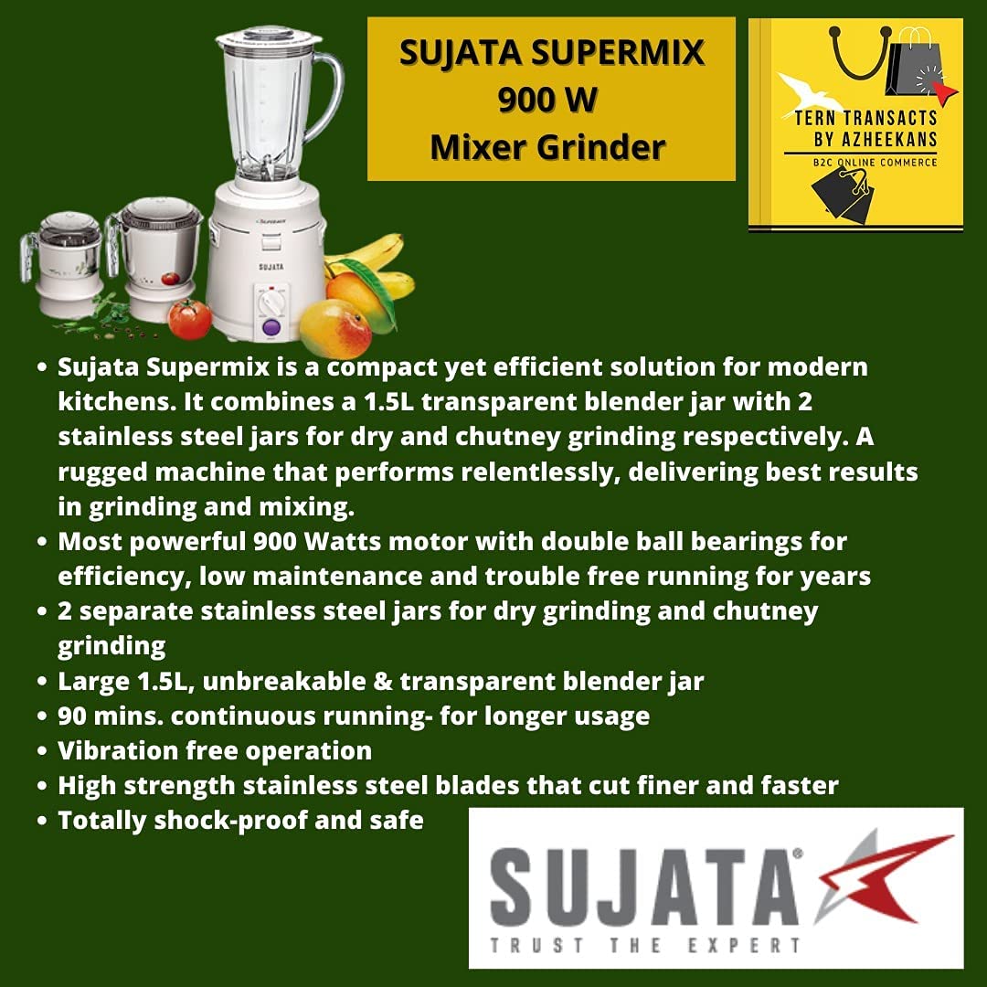 Sujata Supermix, Mixer Grinder, 900 Watts, 3 Jars (White) - Premium Mixer Grinder from Sujata - Just Rs. 6090! Shop now at Surana Sons