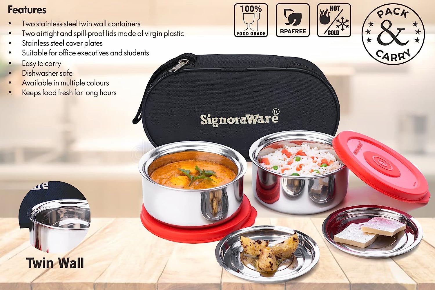 Signoraware Mid Day Double Wall/ Twin Wall (with 0.5 Mm Thickness) Both Steel layers Steel Lunch Box, Set of 2, 260 Ml+ 260 Ml, 2 Steel Cover Plates - Premium Hot Tiffin from Signoraware - Just Rs. 615! Shop now at Surana Sons