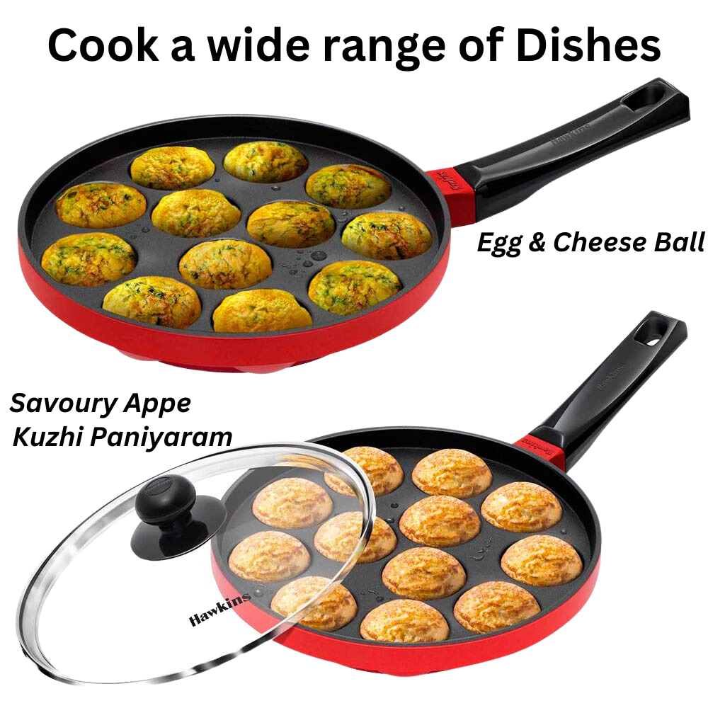 Hawkins Non Stick Appe Pan, Paniyarakkal  Pan, Litti Pan with Glass Lid, 12 Cups - Premium Non Stick Appam Patra with Glaas lid from Hawkins - Just Rs. 1170! Shop now at Surana Sons