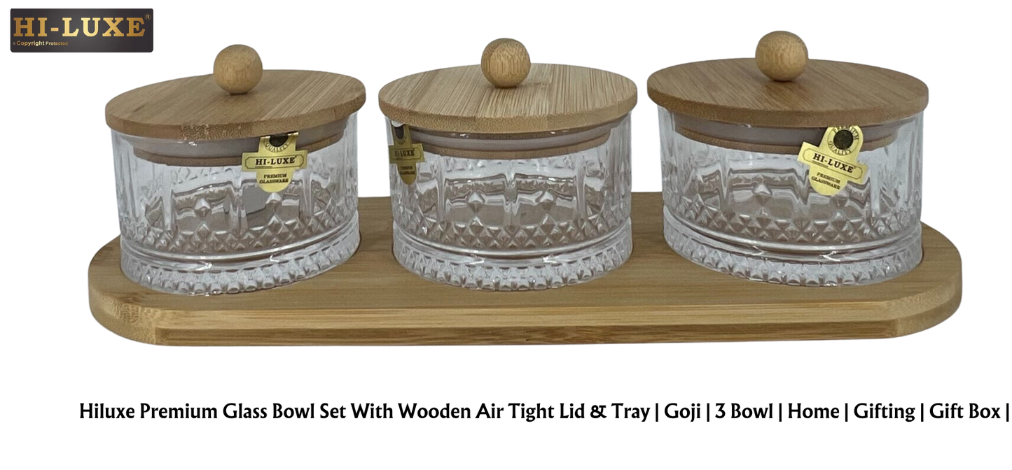 Hiluxe Premium Glass Bowl Set | Dry Fruit | With Wooden Lid & Tray | Home | Gifting | Gift Box | - Premium Dry Fruit Set from Hiluxe - Just Rs. 899! Shop now at Surana Sons