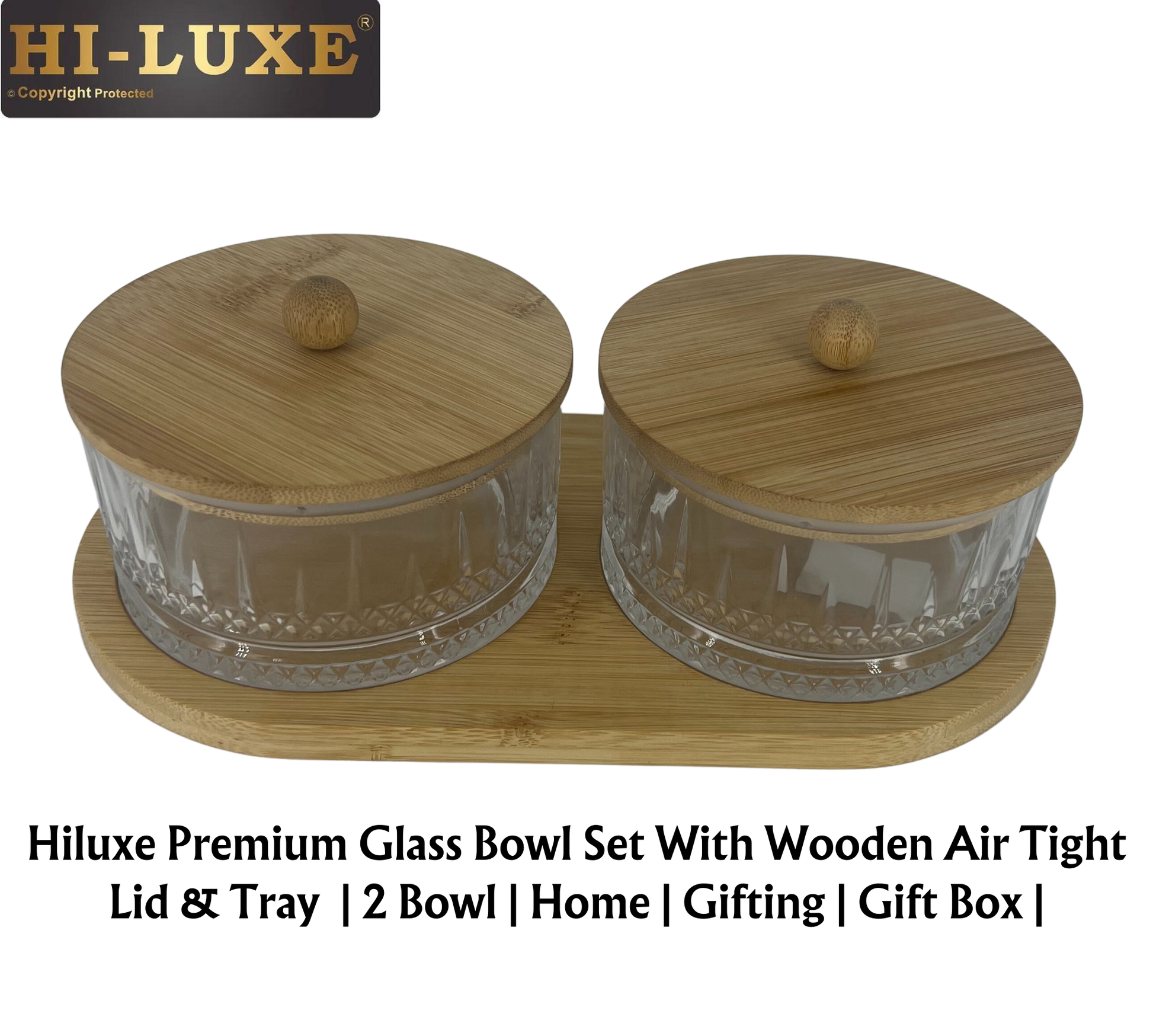 Hiluxe Premium Glass Bowl Set | Dry Fruit | With Wooden Lid & Tray  | 2 Bowl | Home | Gifting | Gift Box | - Premium Dry Fruit Set from Hiluxe - Just Rs. 999! Shop now at Surana Sons