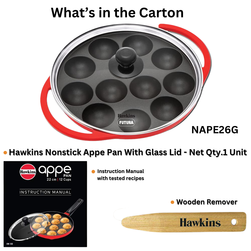 Hawkins Nonstick Appe Pan With Glass Lid, 12 Cups, Diameter 22 Cm, Black  (NAPE22G), Cast Aluminium, Red - Velan Store