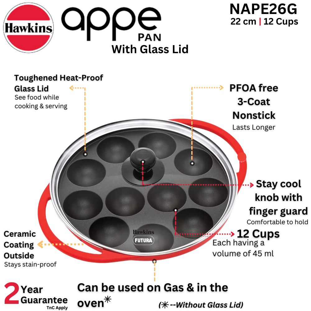 Hawkins Nonstick Appe Pan With Glass Lid, 12 Cups, Diameter 22 Cm, Black  (NAPE22G), Cast Aluminium, Red - Velan Store