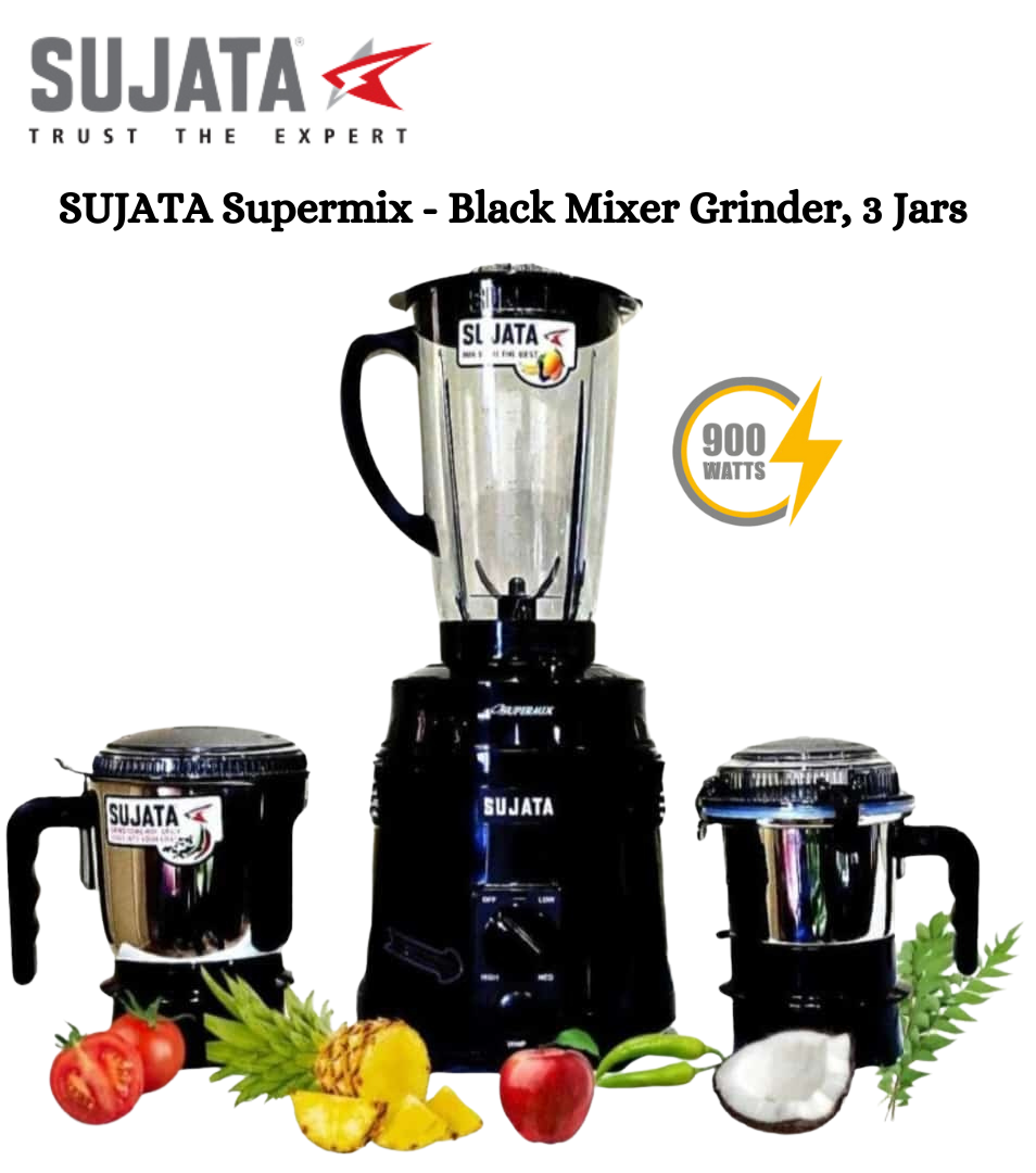 SUJATA New Black Supermix Premium 900 Watt Mixer Grinder | 3 Jars - Premium Mixer Grinder from Sujata - Just Rs. 6500! Shop now at Surana Sons