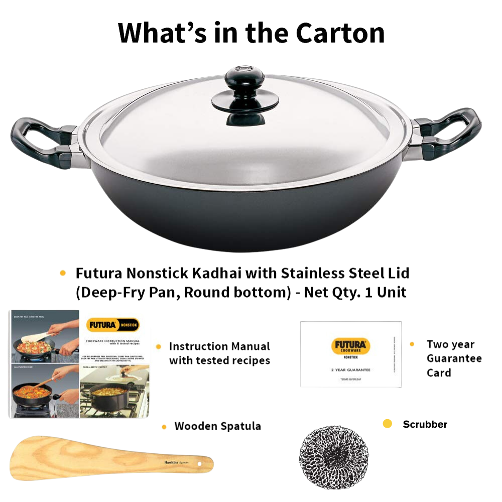 Hawkins Futura Round Bottom Nonstick Kadhai | Deep Fry Pan | 4 Ltr with SS lid (Black) CODE:NK40S - Premium Nonstick pan kadhai from hawkins futura - Just Rs. 2048! Shop now at Surana Sons