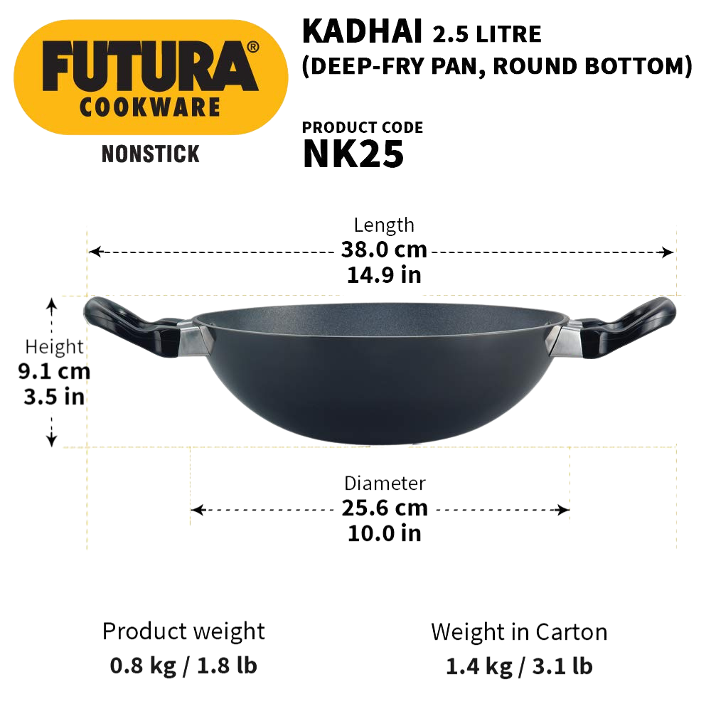 Hawkins Futura 2.5 Litre Deep Fry Pan (Nonstick Round Bottom Kadhai Without Lid), Black (NK25) - Premium Nonstick pan kadhai from Hawkins Futura - Just Rs. 1278! Shop now at Surana Sons