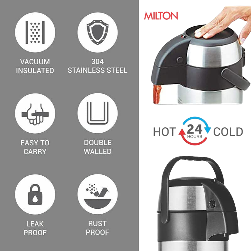 Milton Beverage Dispenser Stainless Steel for Serving Tea Coffee, Double Wall Vacuum Insulated | Easy Travel with Handle - Premium Thermos from Milton - Just Rs. 3230! Shop now at Surana Sons