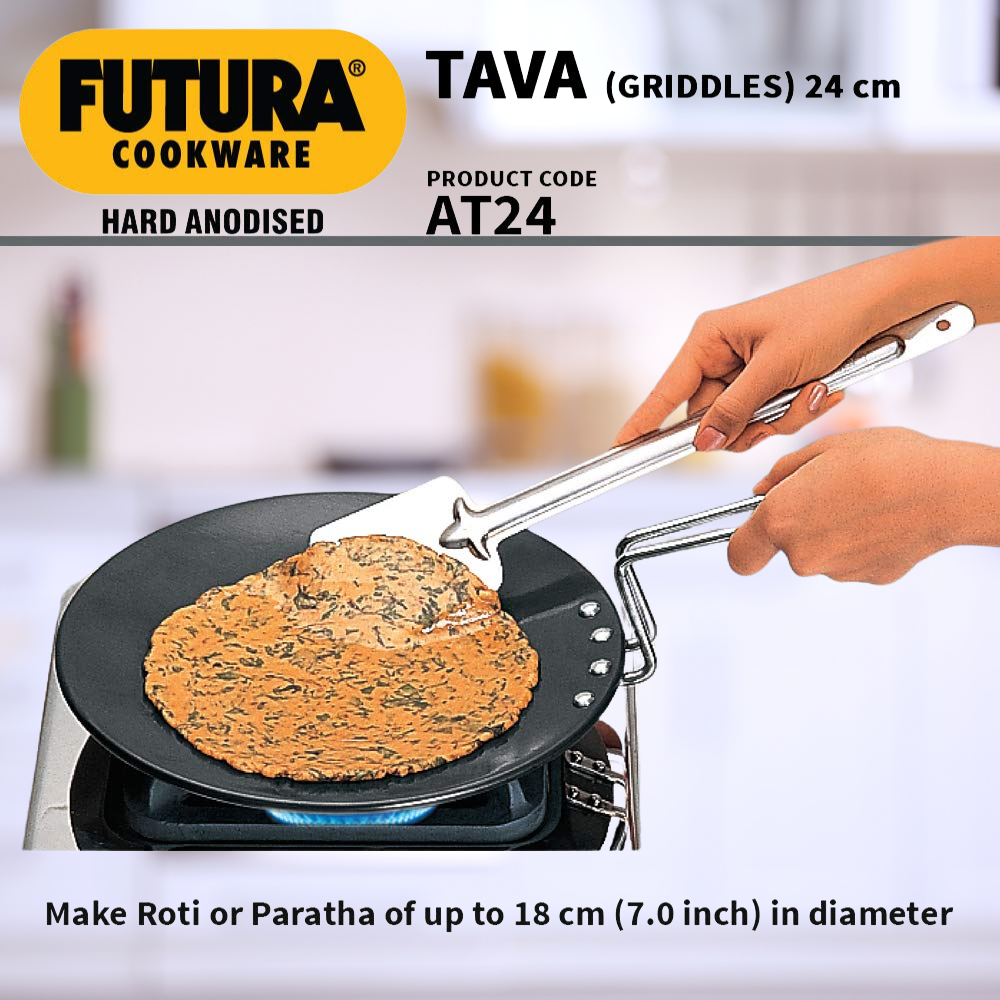 Hawkins Futura 24 cm Tava, Hard Anodised Tawa with Stainless Steel Handle, Black (AT24) - Premium  from hawkins - Just Rs. 899! Shop now at Surana Sons
