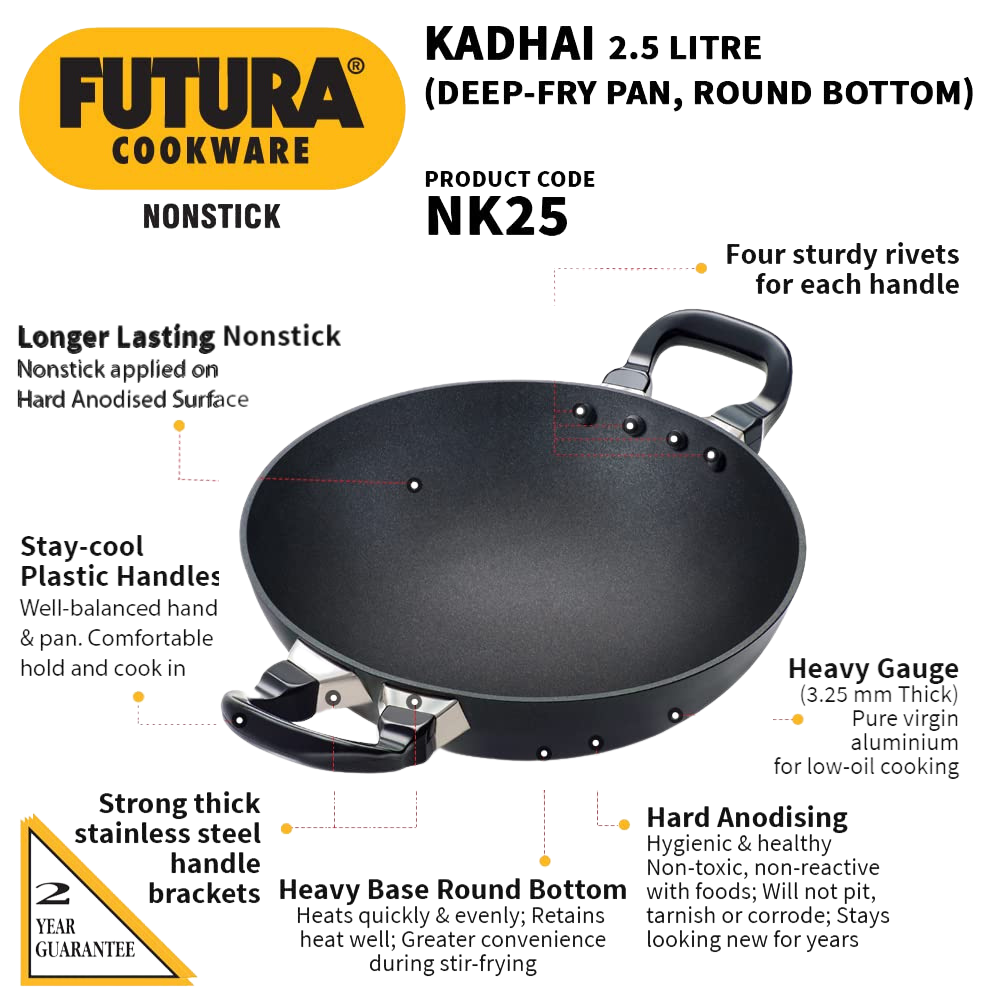 Hawkins Futura 2.5 Litre Deep Fry Pan (Nonstick Round Bottom Kadhai Without Lid), Black (NK25) - Premium Nonstick pan kadhai from Hawkins Futura - Just Rs. 1278! Shop now at Surana Sons