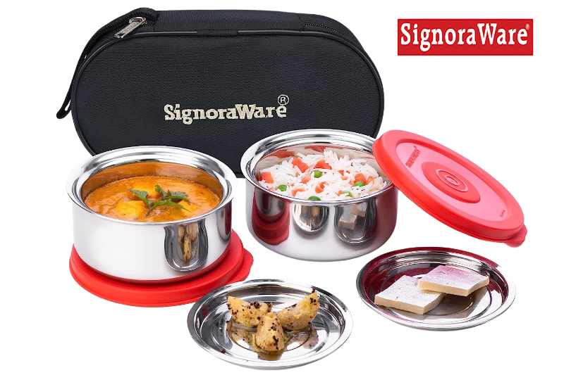 Signoraware Mid Day Double Wall/ Twin Wall (with 0.5 Mm Thickness) Both Steel layers Steel Lunch Box, Set of 2, 260 Ml+ 260 Ml, 2 Steel Cover Plates - Premium Hot Tiffin from Signoraware - Just Rs. 615! Shop now at Surana Sons