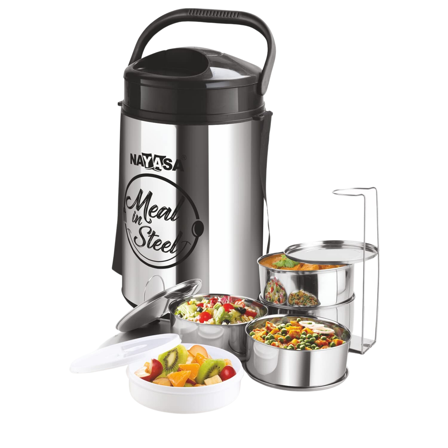 Nayasa Zeal Steel-14, Individual 4 Inner Steel Containers, 1 Salad Container With Lifter, Handle, Easy To Lift, Shoulder Belt, Outer P.U Insulated Body, Airtight Lids - Premium Hot Tiffin from Nayasa - Just Rs. 1499! Shop now at Surana Sons