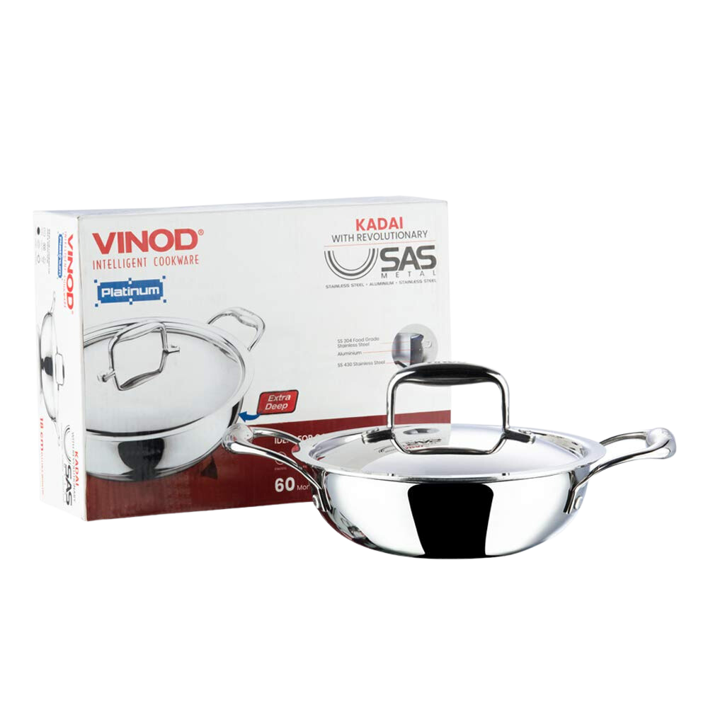 Vinod Platinum Triply Stainless Steel Extra Deep Kadhai with Stainless Steel Lid Silver (Induction and Gas Stove Friendly) - Premium SS Triply Kadhai from Vinod - Just Rs. 2293! Shop now at Surana Sons